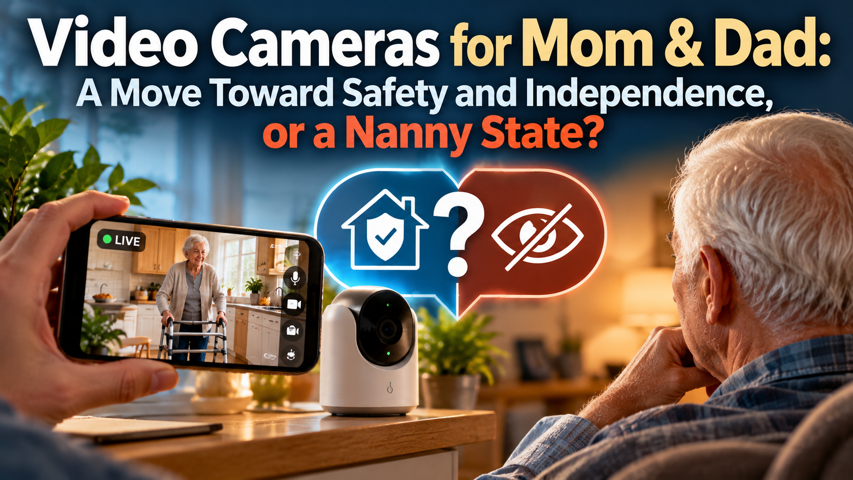 A hand holds a phone showing a live camera feed of an older woman with a walker in her kitchen, next to a white home camera and two speech bubbles, one with a shield over a house and one with a crossed-out eye, while an older man looks on, under the title Video Cameras for Mom and Dad: A Move Toward Safety and Independence, or a Nanny State?