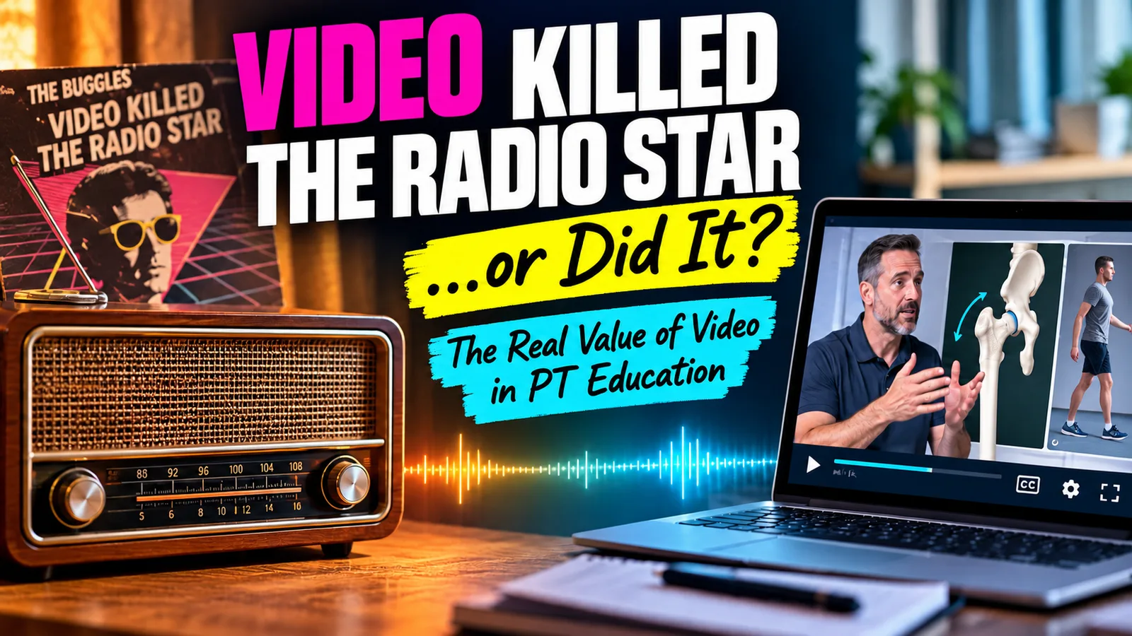 Title graphic reading Video Killed the Radio Star, or did it? The real value of video in PT education. A vintage wooden radio and The Buggles record sleeve sit on the left, a sound wave runs across the middle, and on the right a laptop plays a physical therapy lesson with an instructor, a hip joint model, and a walking figure.